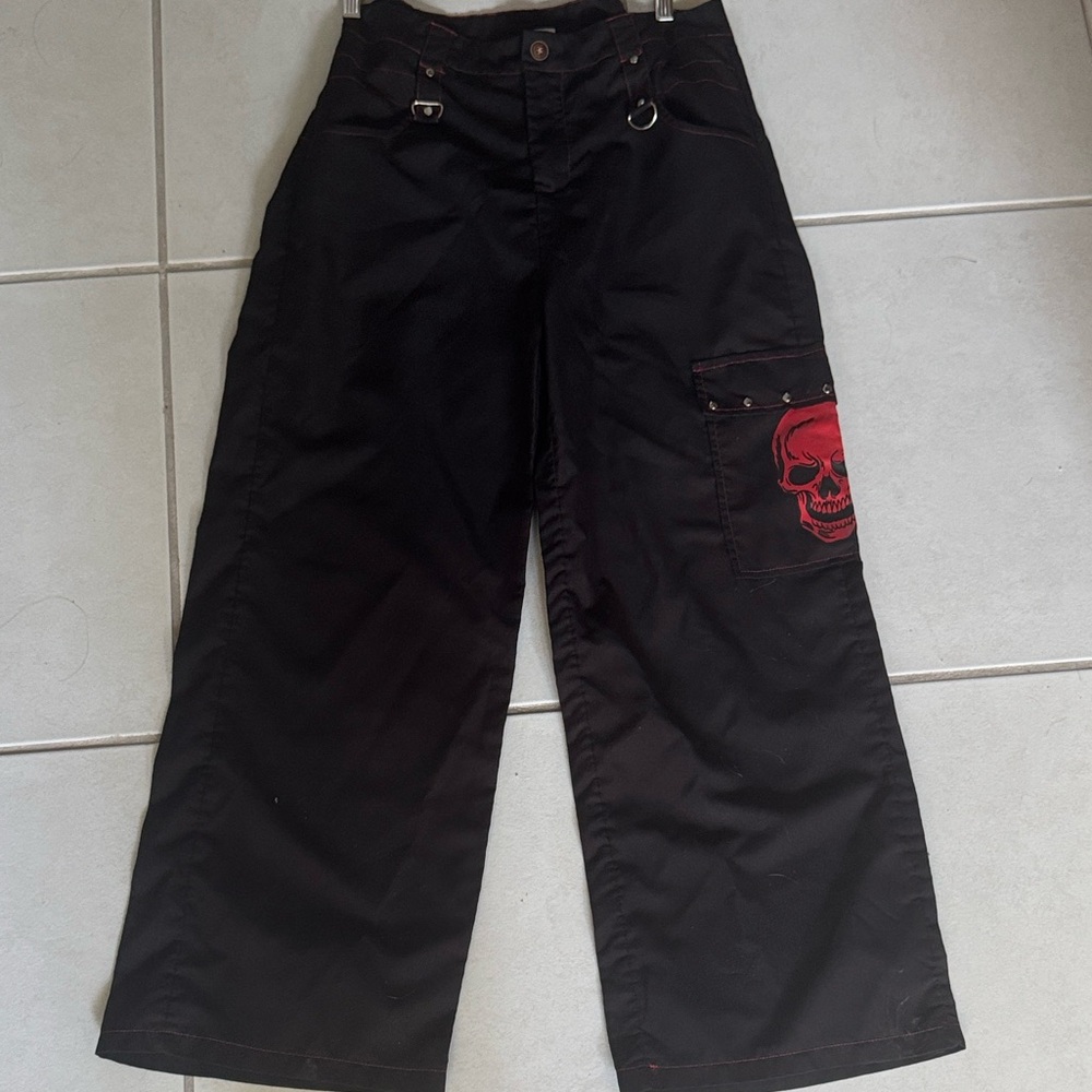 Black Wide-Leg Pants with Red Skull Design